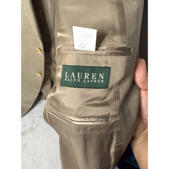 Lauren Ralph Lauren Men Suit Jacket Blazer Tan Herringbone Silk Wool Blend 48R - Picture 3 of 4